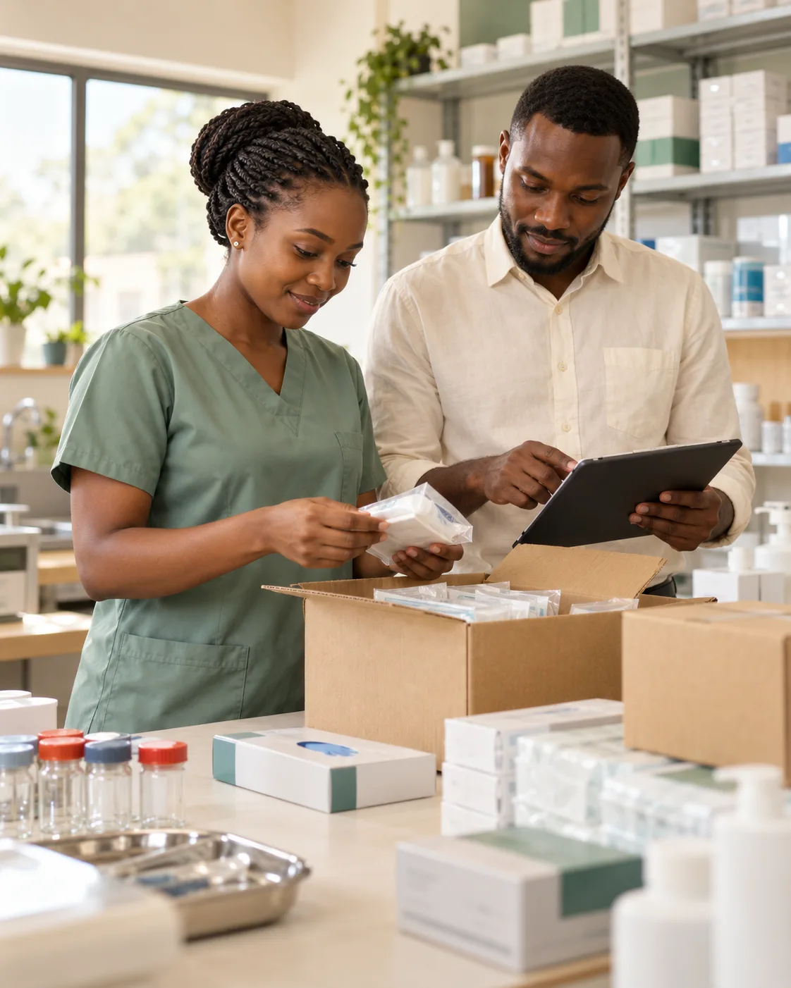 Brand illustration of two medical supply professionals checking a delivery together